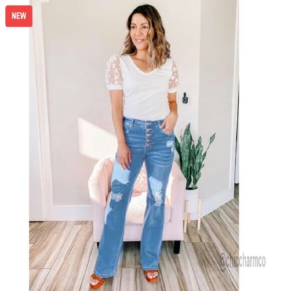 High Waisted Ripped Flare Jeans Distressed Bell Bottom Wide Leg Pants - Picture 6 of 8